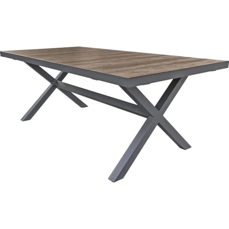 Gartentisch KJART mit Keramik-Tischplatte - Eichenholz-Optik, Aluminium, Dunkelgrau, 202 x 100 x 75 cm | Terrassentisch Wetterfest Outdoor Tisch