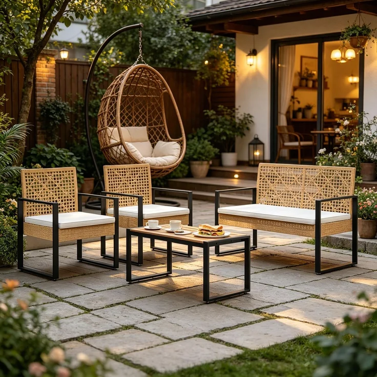 Gartentisch mit Zweisitzer-Sofa und 2 Sesseln, 83,5 x 39 x 41 cm, Naturholz, PE-Rattan und Metall – Bild 4
