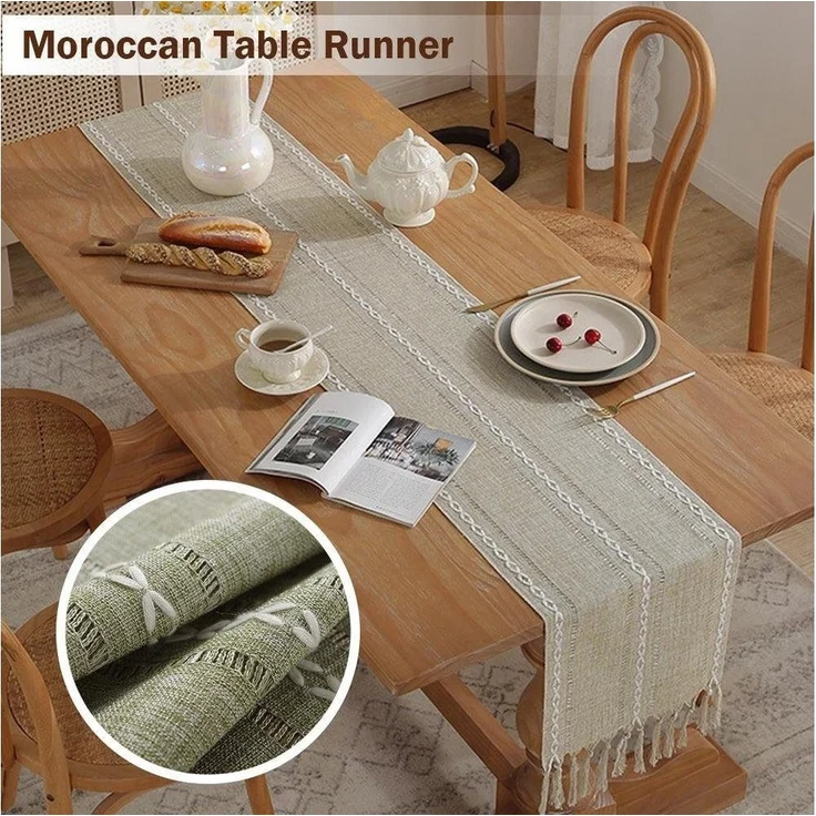 Blusmart Tischläufer Klassische Tischfahne im nordischen Stil (Tischdecke mit Quasten im Boho-Landhausstil 1-tlg, Handgefertigte Quasten, waschbar), Geeignet als Tischdekoration – Bild 3