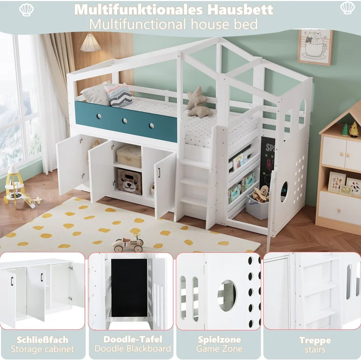 Halbhohes Kinderbett 90x200 cm in Hausform mit Spielbereich und Stauraumschrank – weiß – Bild 10