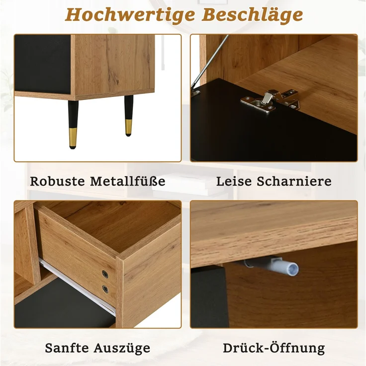 DESVIAE Sideboard Natur/Schwarz aus MDF/Spanplatte – 140x84,5x40 cm – 2 Schubladen, Klappfronten – Bild 6
