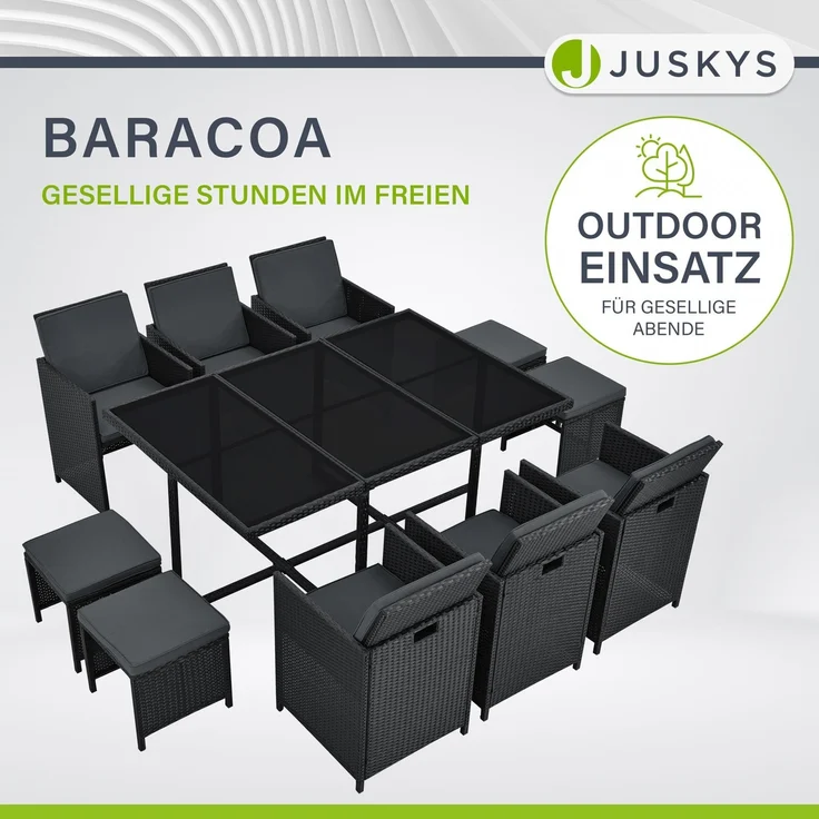Juskys Polyrattan Sitzgruppe Baracoa XL 11-teilig wetterfest & stapelbar – Gartenmöbel Set mit 6 Stühle, 4 Hocker & Tisch für Garten & Terrasse – Bild 3