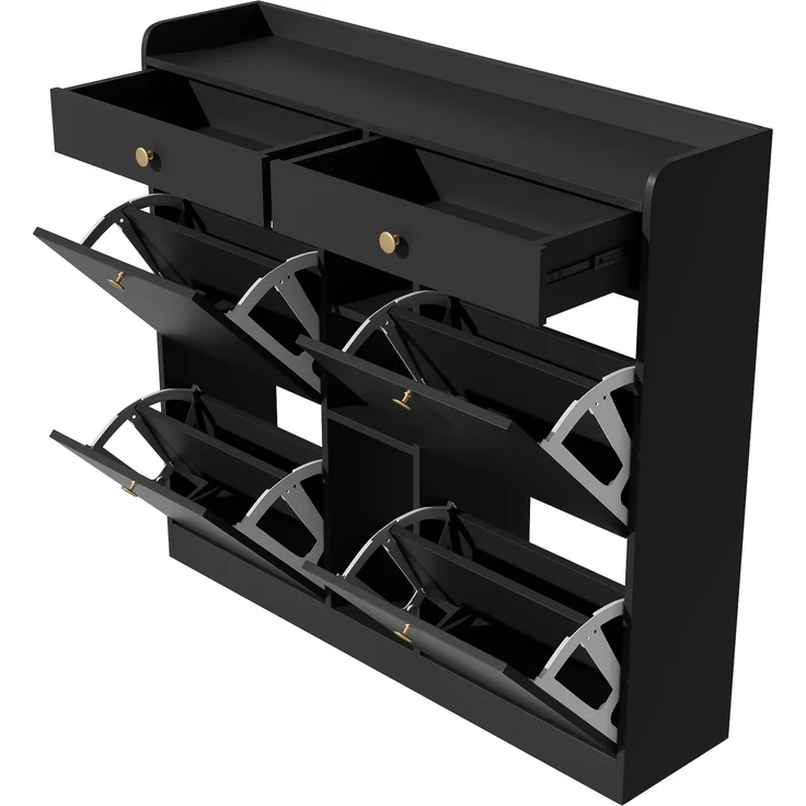 ZUBALIYA Schuhschrank (110 x 26 x 100 cm), 4 Klappfächer und 2 Schubladen, Offener Stauraum, Stauraum für Flur und Eingangsbereich, Schwarz – Bild 14