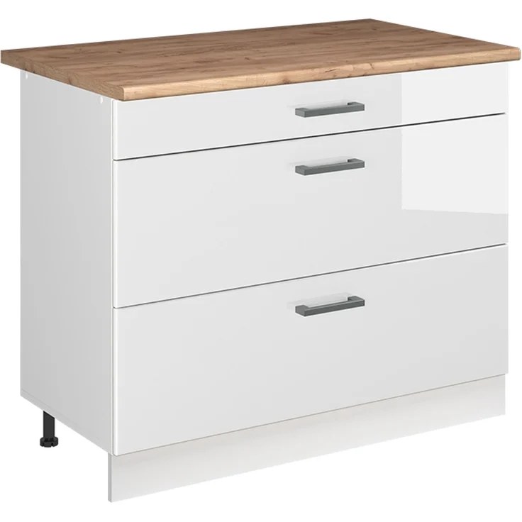 Küchenunterschrank R-Line Weiß Hochglanz/Weiß 100 cm Arbeitsplatte Goldkraft Eiche Vicco – Bild 1