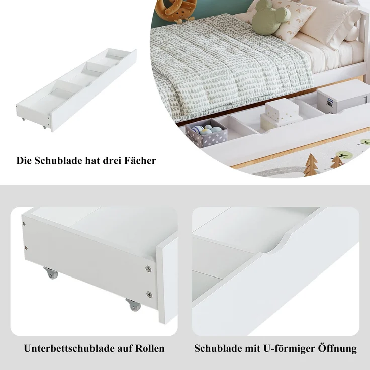 Merax 90x200cm Etagenbett, Kinderbett Mit Fenster, Mit Kinderrutsche, Schubladen mit Rollen, Treppen mit Handlauf, Mit 4 Schließfächer in der Treppe, Weiß – Bild 6
