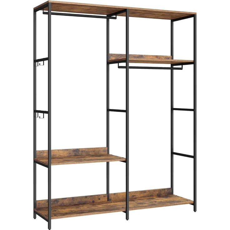Songmics Kleiderschrank offen, Kleiderständer, Garderobenständer, Garderobe mit Kleiderstange, Ablagen, abnehmbare Haken, 40 x 118 x 181 cm, vintagebraun RGR025B01