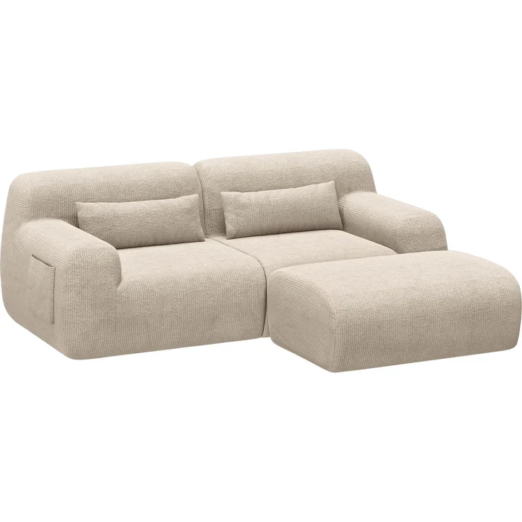 skølm 'Fulla' Cloud Sofa 2 Sitzer mit Hocker, Vollschaumcouch mit Federkern und Vakuum-Kompression, kein Aufbau erforderlich, mit 2 Kissen und praktischen Seitentaschen, Chenille beige