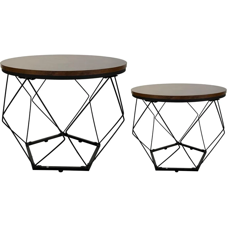 Home Collective Couchtisch Set, Wohnzimmertisch, Rund Tisch, mit modernem Metallgestell (Satz von 2), 50x44 & 40x37 cm, Braun Holzoptik – Bild 3