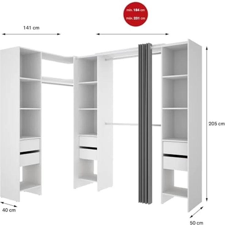 Dmora - Großer Kleiderschrank Biaena, Schlafzimmermöbel, Schrank, Garderobe, 234x141 h205 cm, Weiß – Bild 5