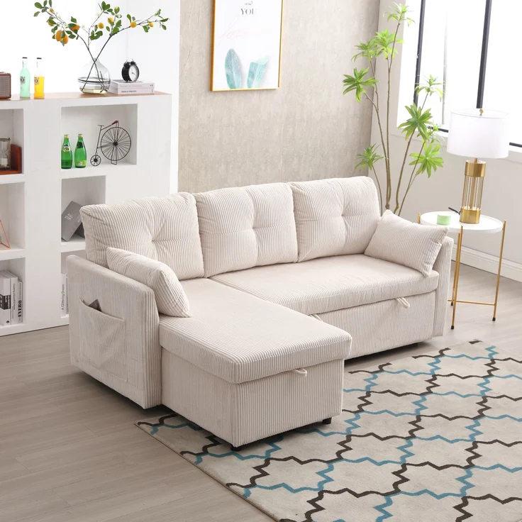 Multifunktionales L-förmiges Schlafsofa mit verstecktem Stauraum, 3 große Kissen, 2 kleine Kissen, seitliche Ablagefächer,Beige – Bild 1