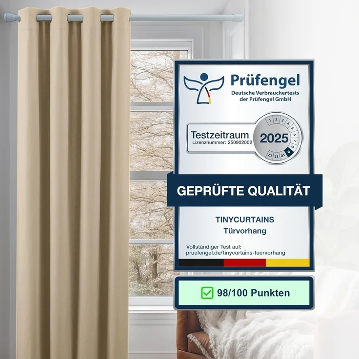 tinycurtains Türvorhang mit Stange weiß 70-120 cm Thermo Vorhang ohne Bohren, blickdicht, Ösen, verdunkelnd, Polyester, beige Driftwood, Türgardine mit Klemmstange Raumtrenner Vorhang Tür – Bild 4
