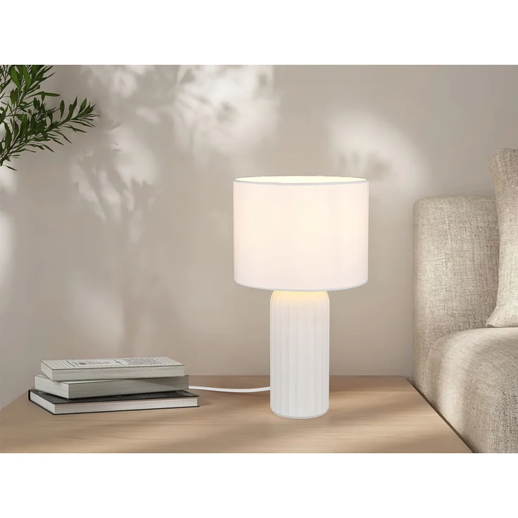 LED Tischleuchte mit Keramikfuß & Stoffschirm Weiß, Höhe 36cm – Bild 5