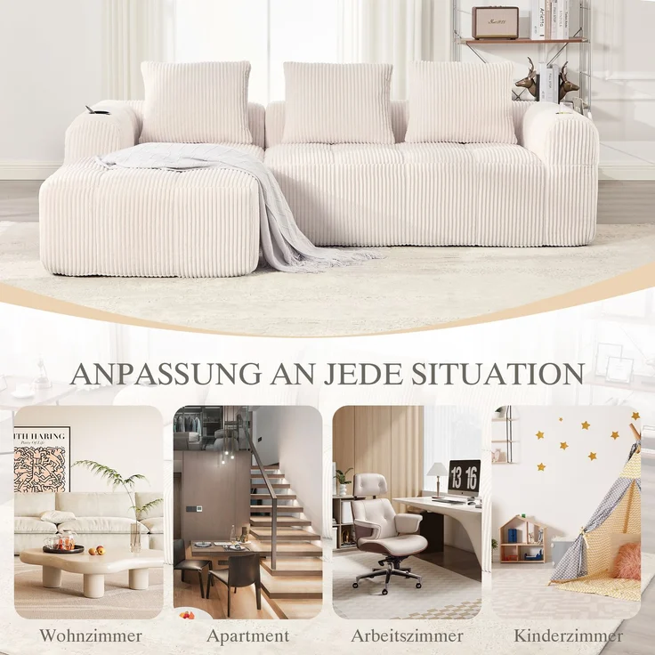 LVHOM Ecksofa 3 sitzer, Bodensofa mit Seitentaschen und Getränkehalter, Polstersofa aus Cordstoff, frei Kombination, Modulares Chaiselongue-Sofa-Set, 253x158x61 cm – Bild 8
