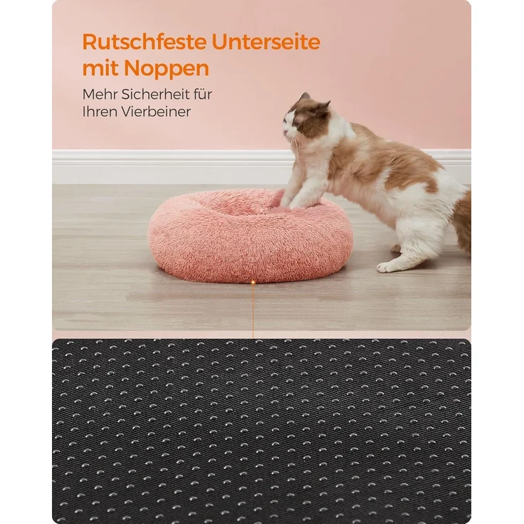 Feandrea Hundebett flauschig, Katzenbett, Donut Kissen, waschbar, Polsterung in der Mitte herausnehmbar, Langer Plüsch, 50 cm Durchmesser, rosa PGW037R01 – Bild 8