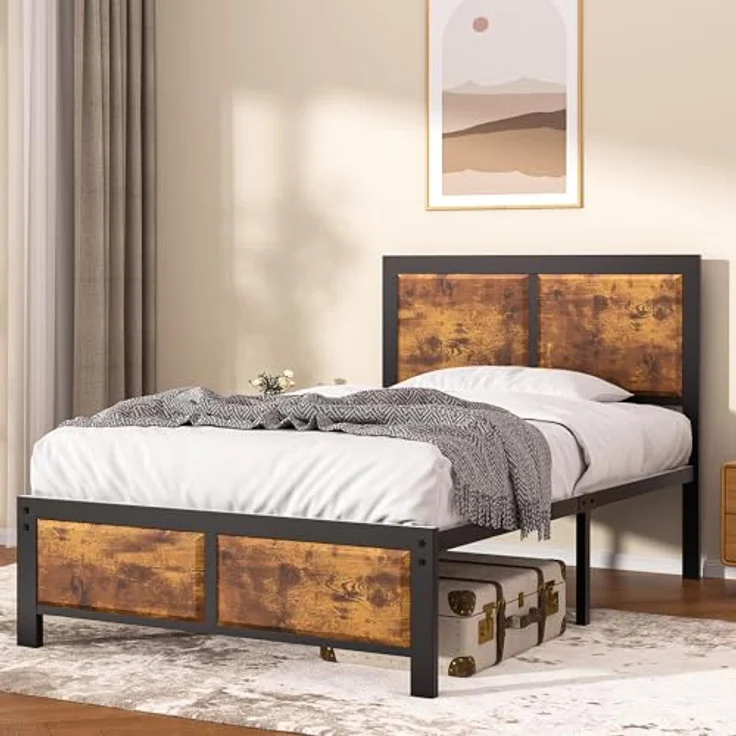 VECELO 2er-Set Bettgestell 90 x 200 cm, Einzelbett mit dickem Holzkopfteil und Metall-Lattenrost, Stauraum unter dem Bett, Stabiler Bettrahmen für Schlafzimmer, Vintage Braun – Bild 6