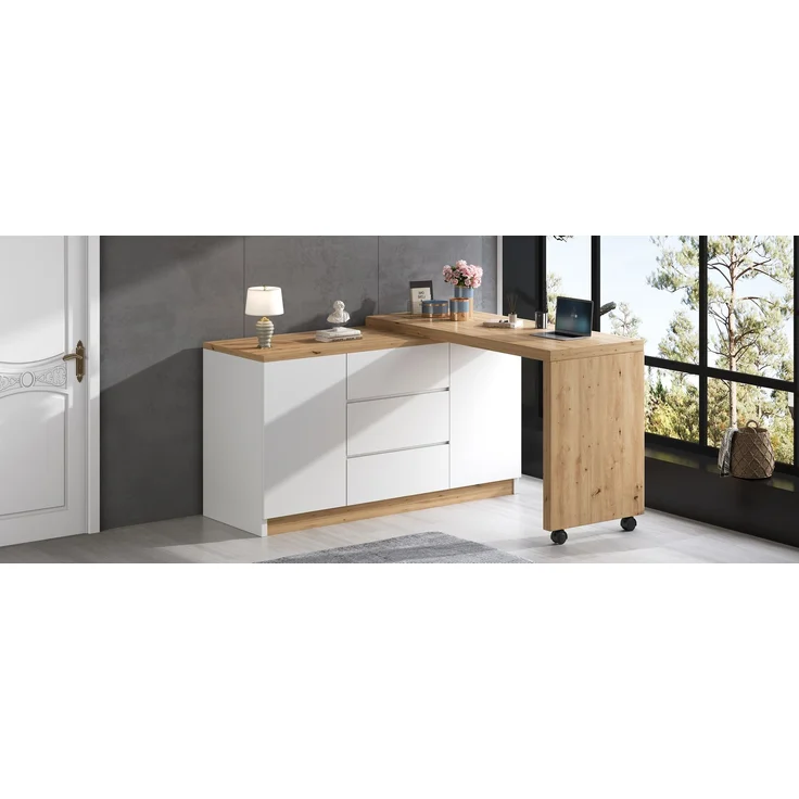 Schreibtisch 120 × 50 × 76,5 cm, drehbar und klappbar, 3 Schubladen, 2 Türen, 2 feststellbare Rollen, 4 cm starke Platte, Spanplatte, Weiß/Eiche – Bild 15