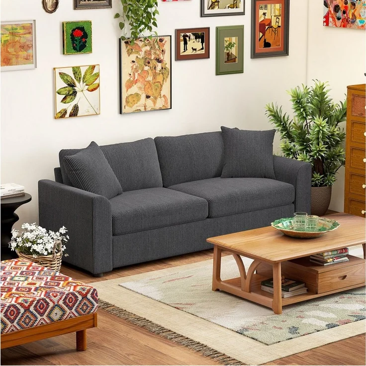 HOMCOM 3-Sitzer mit Zierkissen, Cordsofa, 212 cm breit, Couch 1 Teile, für Wohnzimmer, Schlafzimmer, Dunkelgrau – Bild 2