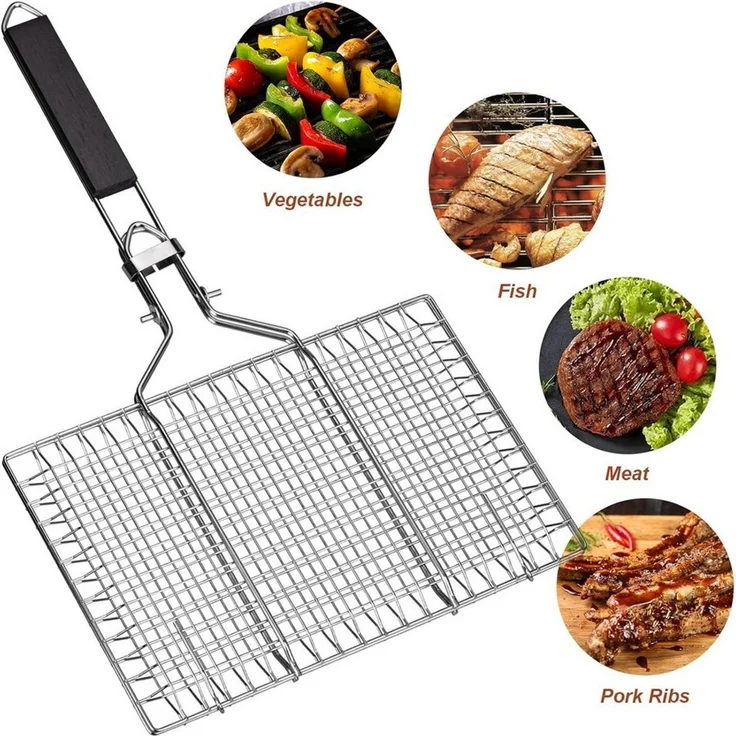 Refined Living Grillguthalter Grillkorb Edelstahl faltbar Fisch Gemüse Grillgitter mit Tasche,Bürste, Edelstahl, Antihaft-Beschichtung, (Fischgrillkorb, BBQ Grillkorb faltbar, Grillkorb mit Holzgriff, Grillzubehör Fisch Gemüse, Edelstahl Grillgitter, G... – Bild 3