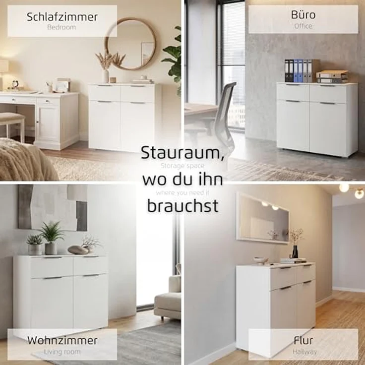 Rauch Möbel Alabama, Kommode für Schlafzimmer, Kinderzimmer, Garderobe, Flur, 2-türig, mit 2 Schubladen, Soft-Close-Funktion, Farbe Weiß, Griff Alufarben, Maße 80 x 81 x 42 cm – Bild 5