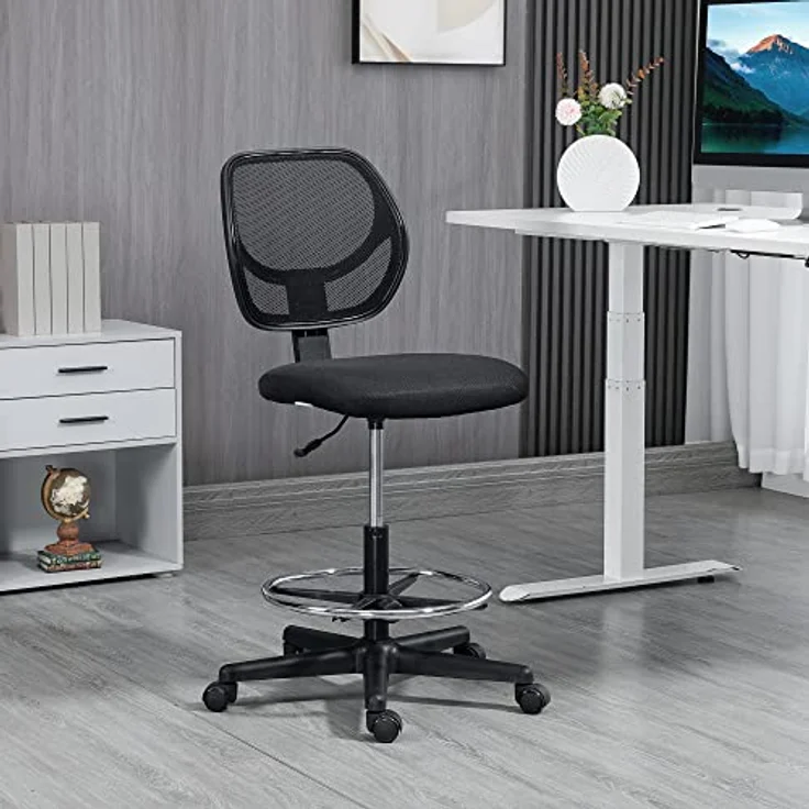 Vinsetto Bürostuhl, ergonomischer Drehstuhl aus schwarzem Textil, höhenverstellbar, mit atmungsaktivem Netzgewebe, 61x113x59 cm – Bild 2