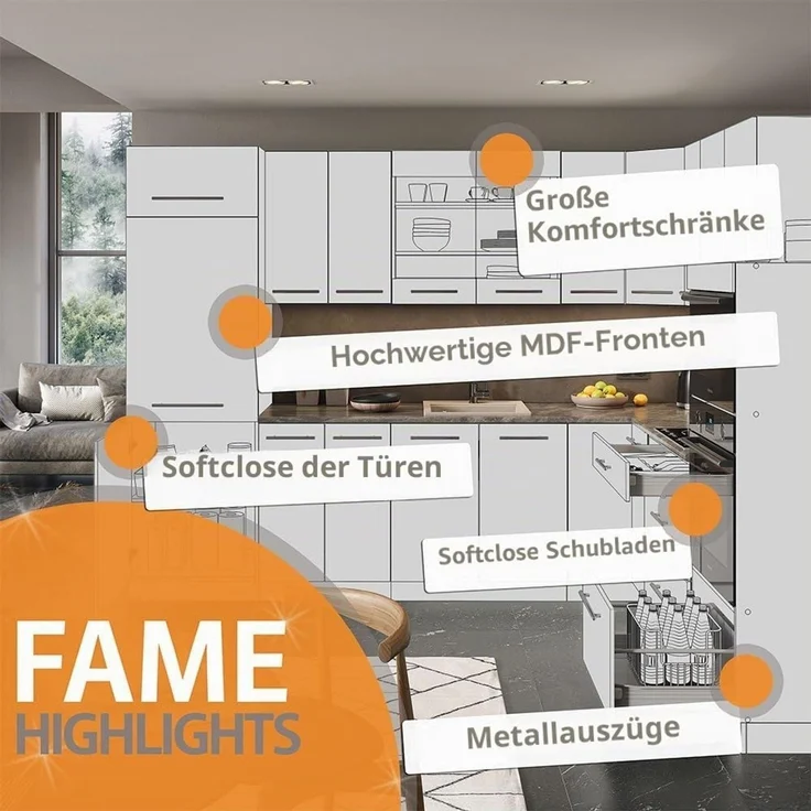 Küchenzeile Fame-Line Weiß Landhaus 235 cm ohne Arbeitsplatte Vicco – Bild 9