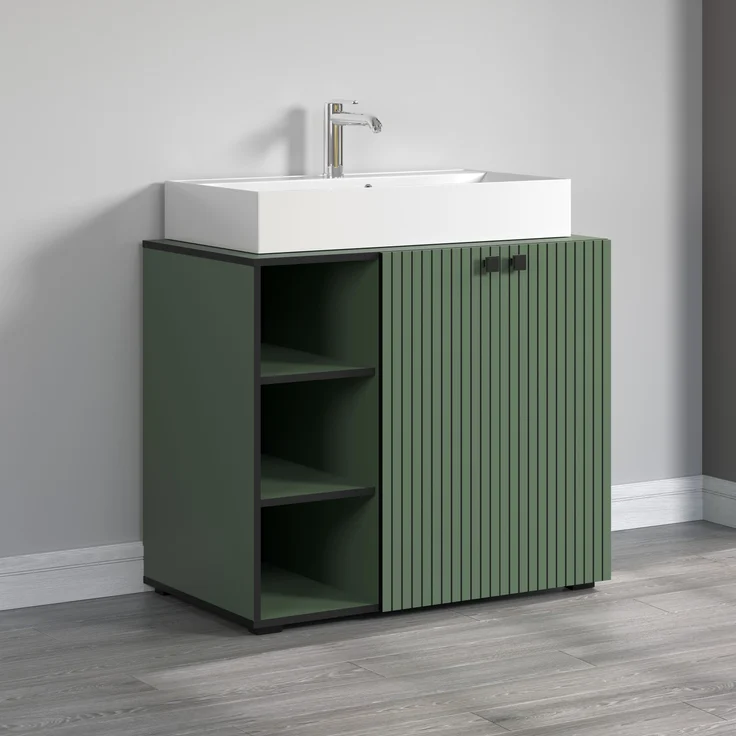 trendteam smart living - PureBliss - Waschbeckenunterschrank - Grün - Rillenoptik - 3 offene Fächer + 1 Einlegeboden - (BxHxT) 90 x 79 x 53 cm - edle Metallgriffe – Bild 8