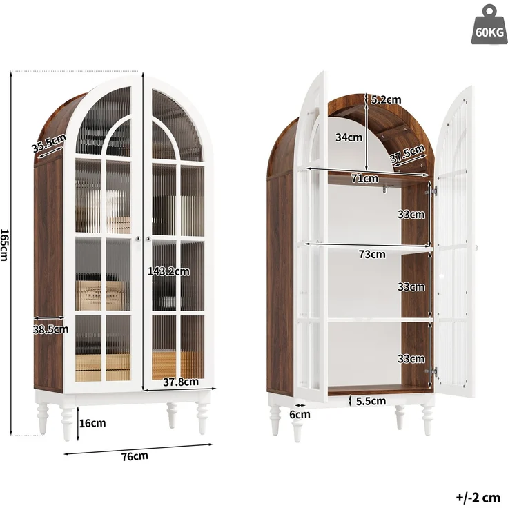 Vitrinenschrank 76 x 38,5 x 165 cm in Weiß mit Bogenfront und Riffelglastüren – Bild 5