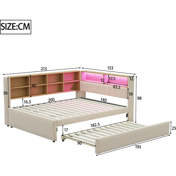CHICFURN Bett Flanell Beige 140x200 cm mit Ausziehbett 90x190 cm, LED-Beleuchtung und USB- und Type-C-Anschlüssen – Bild 7