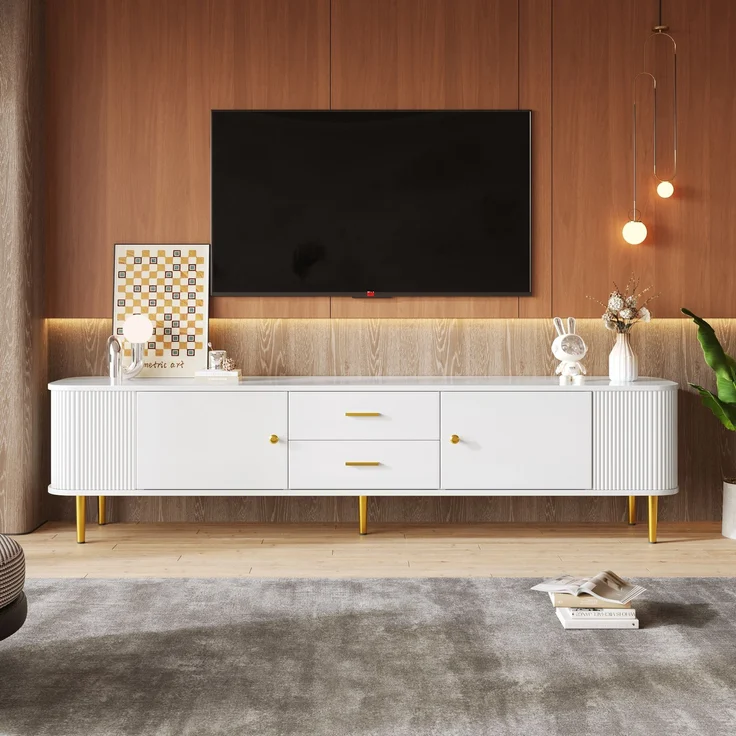 TV-Schrank Weiß mit Goldgriffen 170 x 34 x 45 cm Moderner Lowboard TV-Möbe,mit 2 Türen und 2 Schubladen – Bild 3