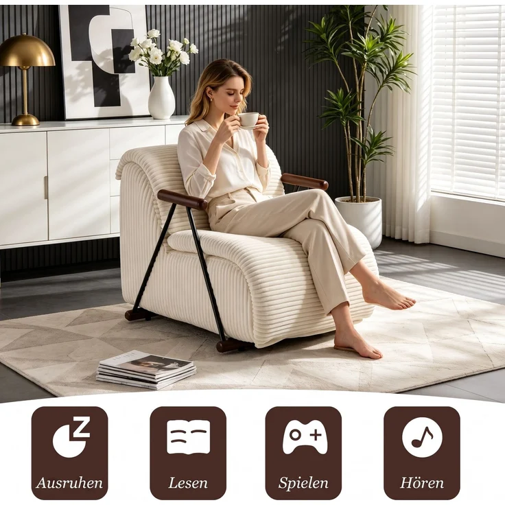 LVHOM Relaxsessel mit Lattenrost, ergonomischer Fernsehsessel, gepolsterter Loungesessel mit Armlehnen, XXL Lesesessel für Wohn- und Schlafzimmer, Cord Beige – Bild 7