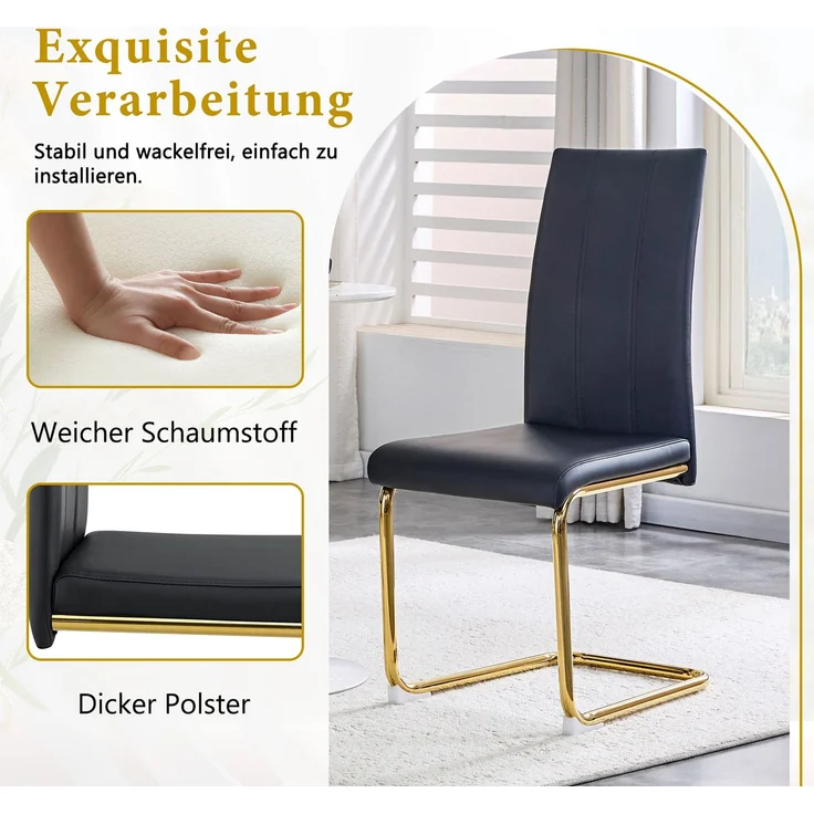 Esszimmerstuhl H 99 x T 54.5 x B 43 cm aus PU-Leder und Metall, ergonomisch, Schwarz/Gold, 2 Stuhl – Bild 8