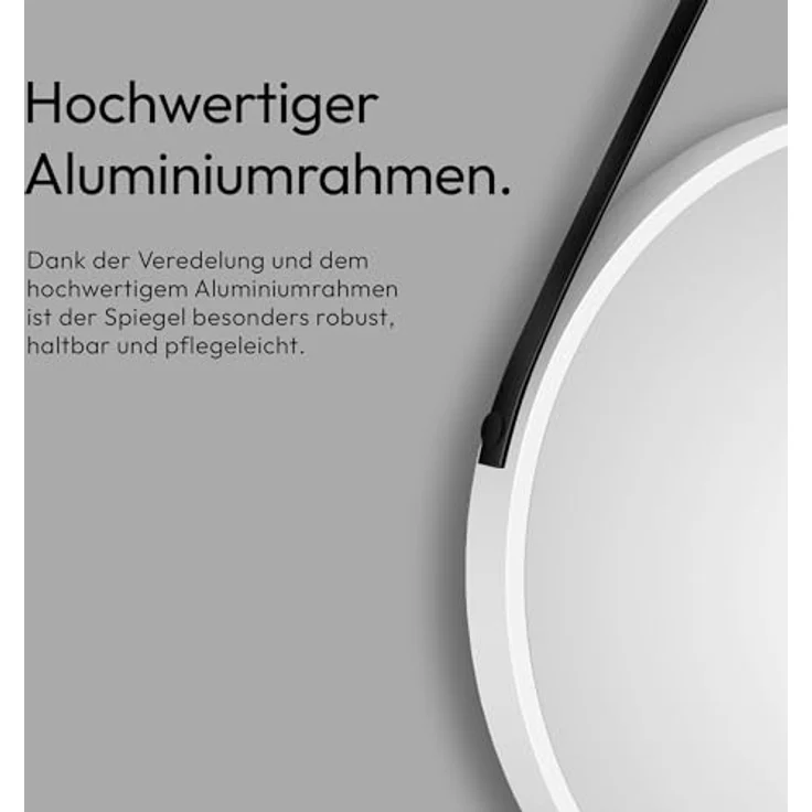 Talos Runder Wandspiegel Ø 50 cm, dekorativer Spiegel mit weiß mattem Aluminiumrahmen und Lederoptik-Aufhängung – Bild 5