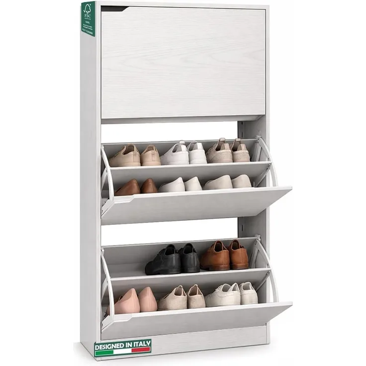 BAKAJI Schuhschrank aus MDF-Holz mit 3 Türen, Schuhschränke, versenkbare Griffe, doppelte Tiefe, kompakte Größe, 63 x 24 x 115 cm, Eingang für Zuhause (Weiß)