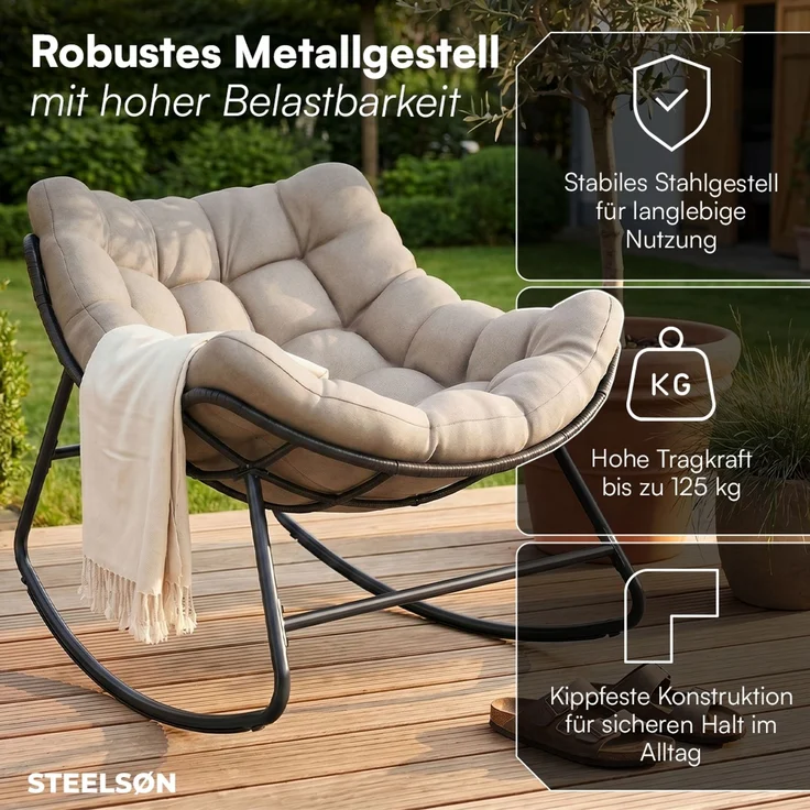 STEELSØN 'Veldora' Schaukelstuhl, schwarzes Polyrattan, Kissen beige, ergonomischer Relaxsessel, bis 125kg, XXL Schaukelsessel 75×100×65 cm – Bild 4