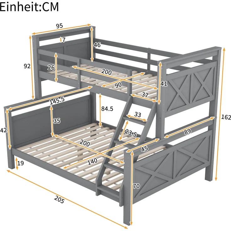 Etagenbett Kinderbett 90x200 / 140x200 cm umbaubar in 2 Einzelbetten, Hochbett mit Leiter und Sicherheitsgeländer,Grau – Bild 4