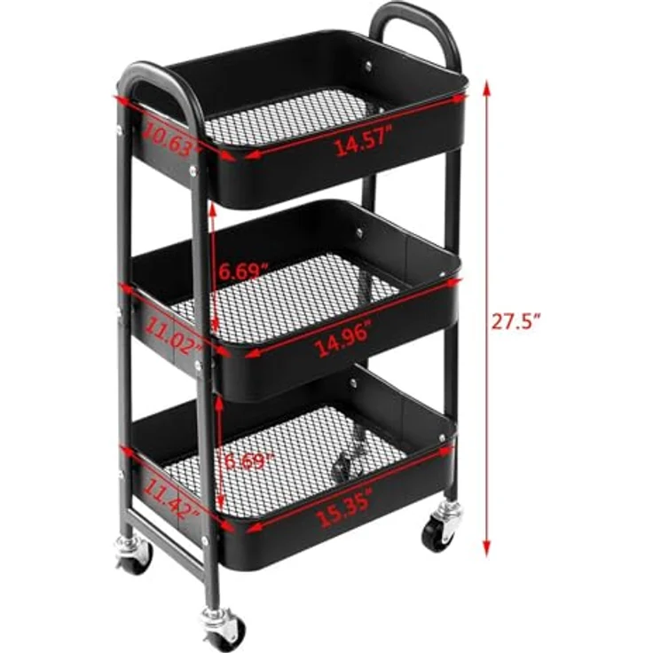 DOEWORKS Rollwagen Metall Aufbewahrungswagen Küchenwagen 3-Etagen, Servierwagen Organizer Wagen mit Rädern für Wohnzimmer Schlafzimmer Make-up Badezimmer Büro, Schwarz – Bild 8