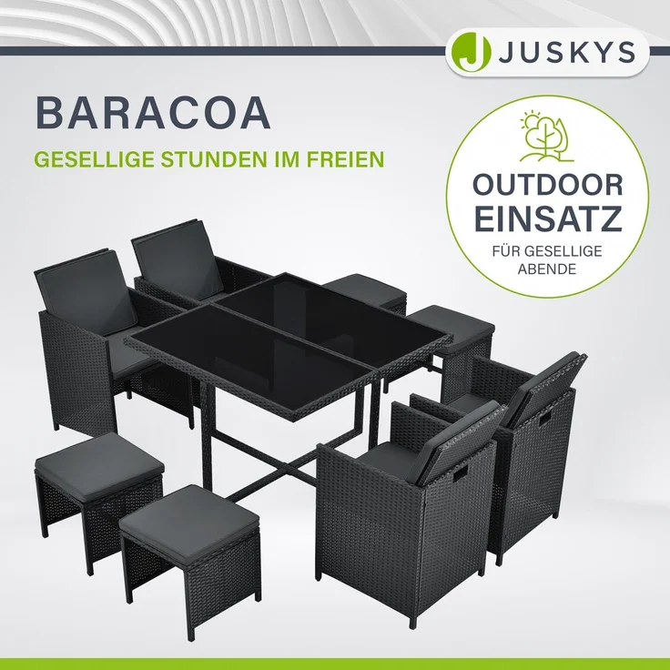 Juskys Polyrattan Sitzgruppe Baracoa L 9-teilig wetterfest & stapelbar – Gartenmöbel Set mit 4 Stühle, 4 Hocker & Tisch für Garten & Terrasse – Bild 2