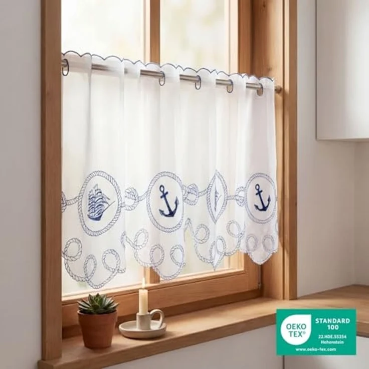 Delindo Lifestyle Scheibengardine ANKER SEGELSCHIFF (1 St), Stangendurchzug, transparent, Voile, HxB: 45x115, mit Stangendurchzug, für die Küche – Bild 4