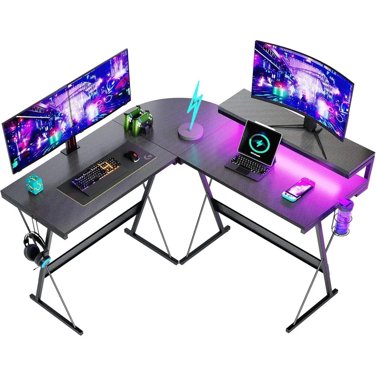 Bestier L förmigen Gaming Schreibtisch Eckschreibtisch mit LED Leuchten Monitorständer 130CM Gaming Computer Eckschreibtisch mit Getränkehalter Headset Haken Ergonomischer Corner Desk