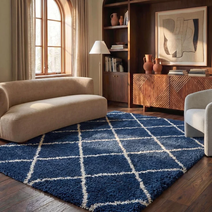 SAFAVIEH Zottelig Teppich für Wohnzimmer, Esszimmer, Schlafzimmer - Hudson Shag Collection, Hoher Flor, Marine und Elfenbein, 183 X 274 cm