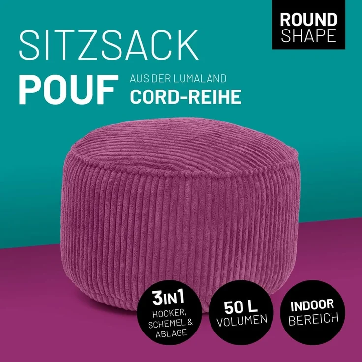 Lumaland Pouf Sitzsack-Hocker Pouf rund Cord 50l weinrot, supersofte Füllung EPS-Perlen – Bild 2