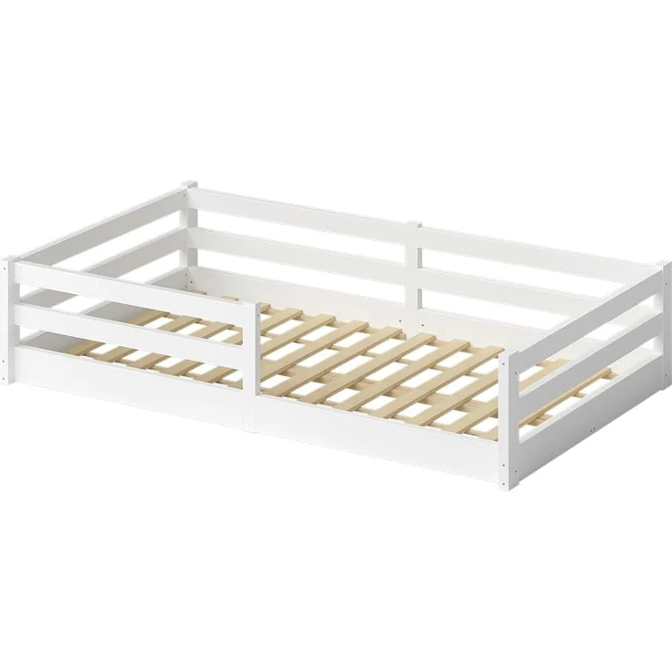 Bellabino Iskri Bodenbett 120x200 cm – Montessori Kinderbett mit Matratze, Rausfallschutz & Lattenrost – Holzbett für Jungen & Mädchen aus Kiefer Massivholz in Weiß – Kleinkindbett – Bild 3