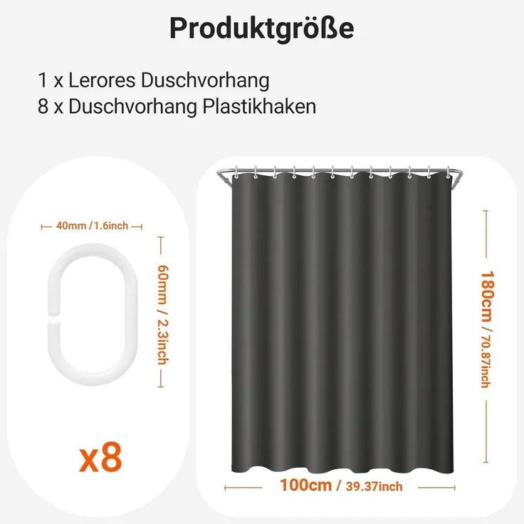 Duschvorhang 100x180 Polyester Antischimmel Dunkelgrau 100 x 180 cm – Bild 2