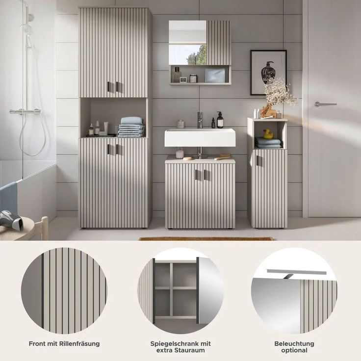xonox. home – Badkombination Mone 180 x 192 x 30 cm in Kaschmir Nachbildung – 4-teiliges Set inkl. 2 Badschränken, Waschbeckenunterschrank & Spiegelschrank – Großzügiges Möbel-Set für perfekte Ordnung – Bild 8