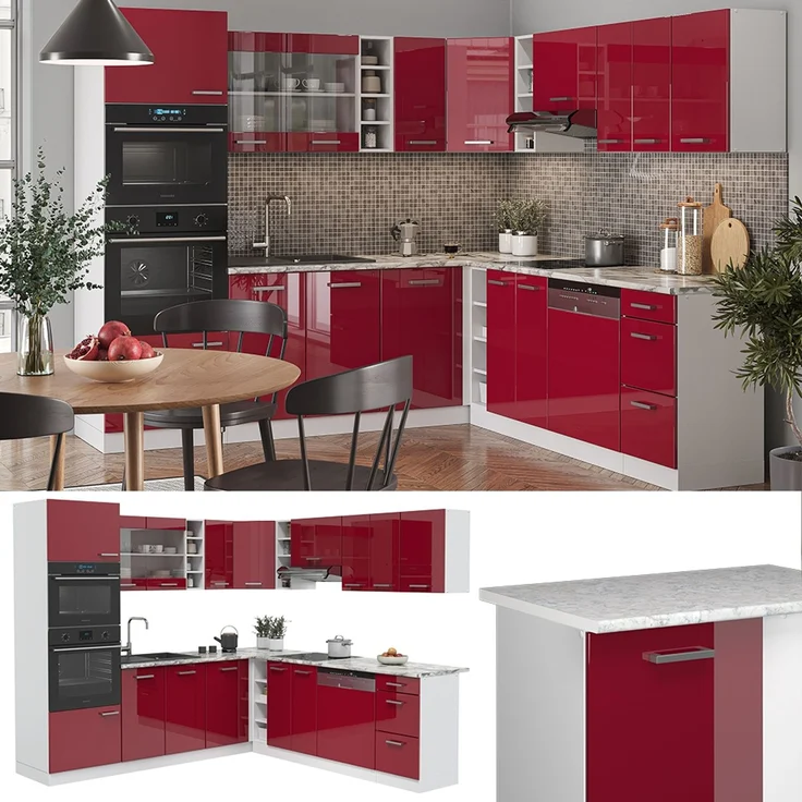 Eckküche R-Line Rot Hochglanz/Weiß 247 x 237 cm, AP Marmor Vicco – Bild 2