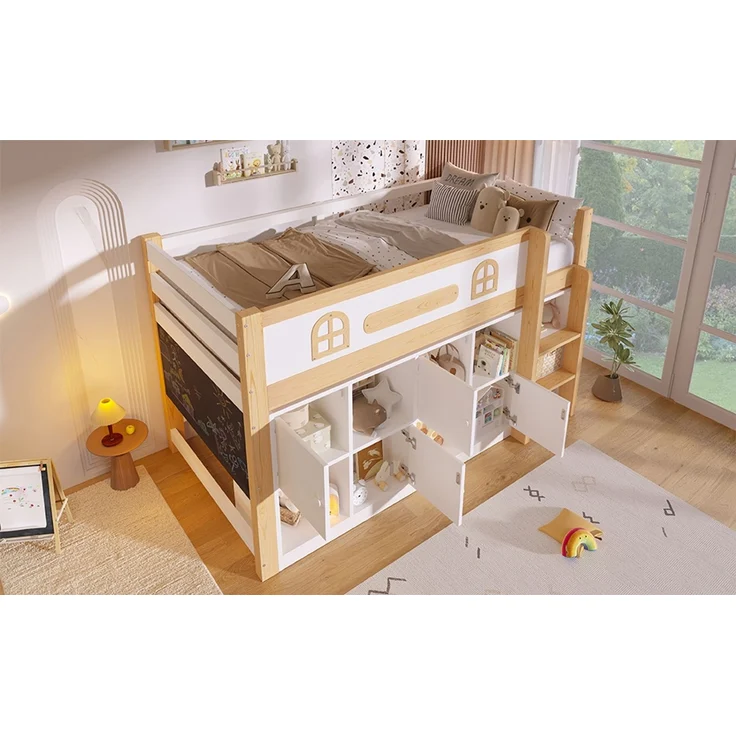 ZUBALIYA Halbhohes Bett, mit Ablagefächern und Leiter und Kreidetafel, Maße 90 x 200 cm, Weiß und Natur, Stockbett, fürs Schlafzimmer, Samt – Bild 21
