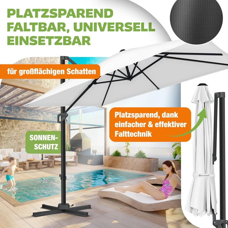 KESSER® Sonnenschirm Ampelschirm SUN XL 300 x 300 cm Inkl. Abdeckung +Windsicherung Drehbar Neigbar Kippbar Marktschirm Groß 360° Rotation, Gartenschirm mit Kurbel Sonnenschutz UV50+ Weiß, Ohne LED – Bild 4