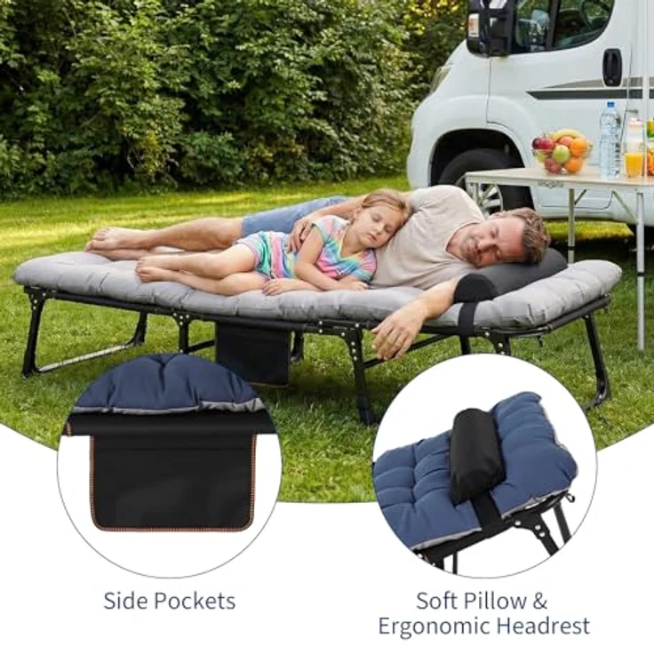 GarveeLife Klappbar Sonnenliege Gartenliege Klappbett, Liegestuhl Gästebett Mit Matratze, Tragbare Relaxliege Für Balkon, Garten, Kann Als Campingbett, Bis 400LB Belastbar – Bild 6