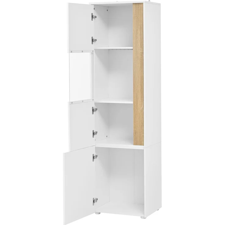 Vitrine, Aufbewahrungsmöbel, hoher Schrank mit LED-Beleuchtung, 2 Türen (eine davon aus Acryl). Geeignet für Wohnzimmer, Büros und Küchen. Weiß+Natural. Maße: B50 x T40 x H179 cm. – Bild 10