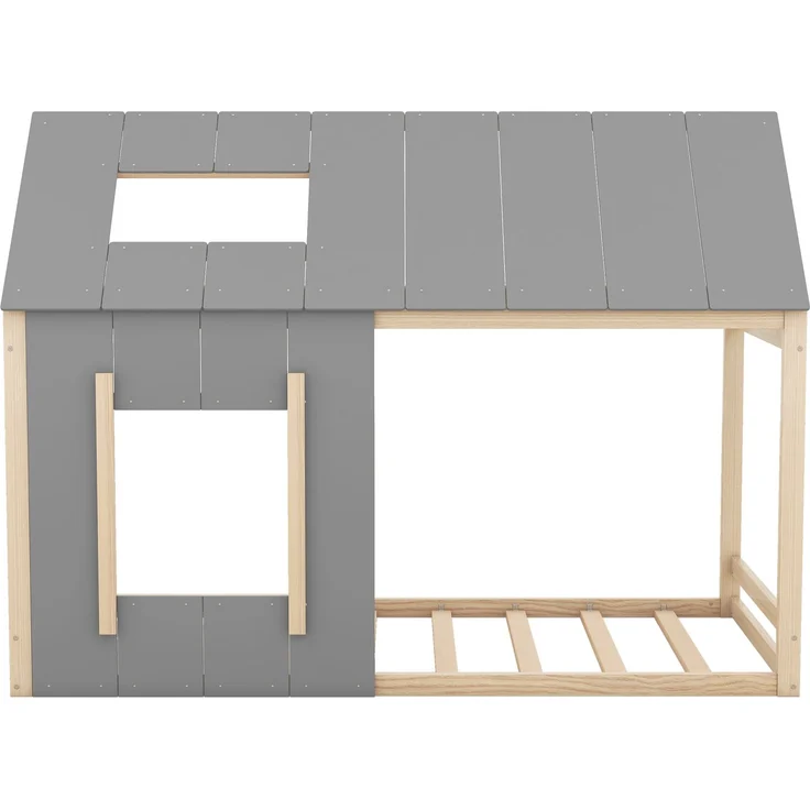 Kinderbett 90x200 cm in Hausform, Montessori Bett mit Dach und Fenster,offenes Design zum Dekorieren,Natur & Grau – Bild 8
